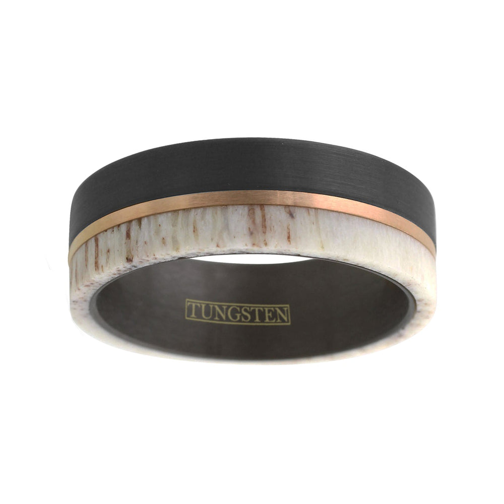 8mm- Brushed Finish Black Tungsten W/Raw Edge White Deer Antler Off-Center Rose Gold Stripe.