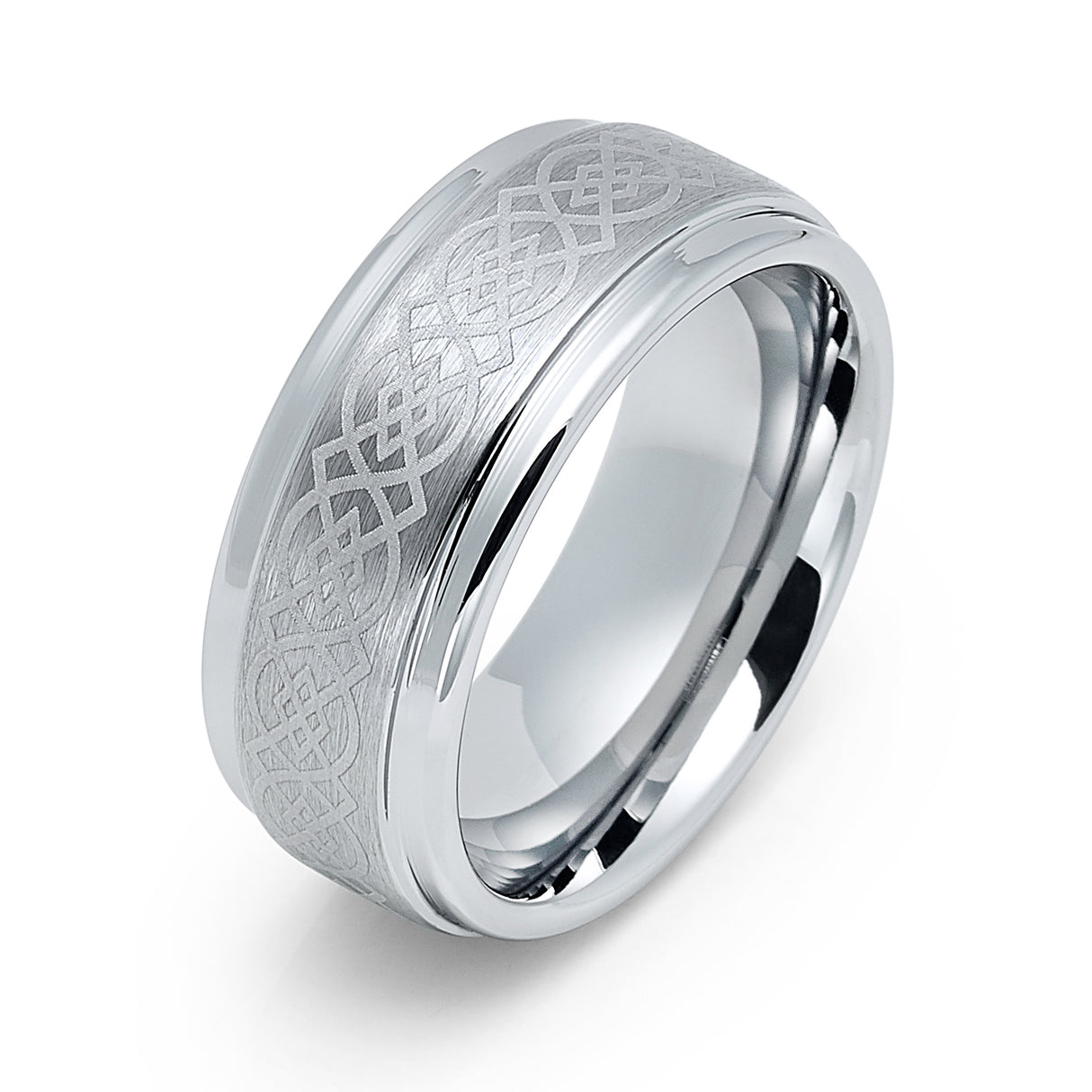 9mm - Silver Tungsten Wedding Ring, Celtic Ring, Brushed Center Celtic Knot Pattern