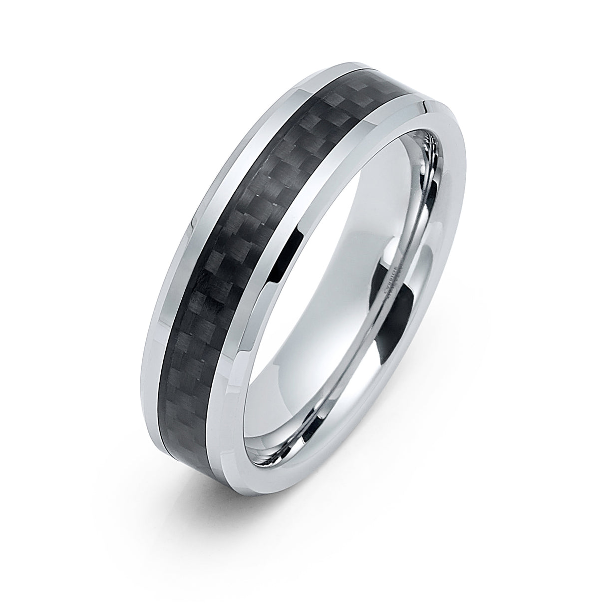 6mm - Silver Tungsten Wedding Band Black Carbon Fiber Inlay Ring