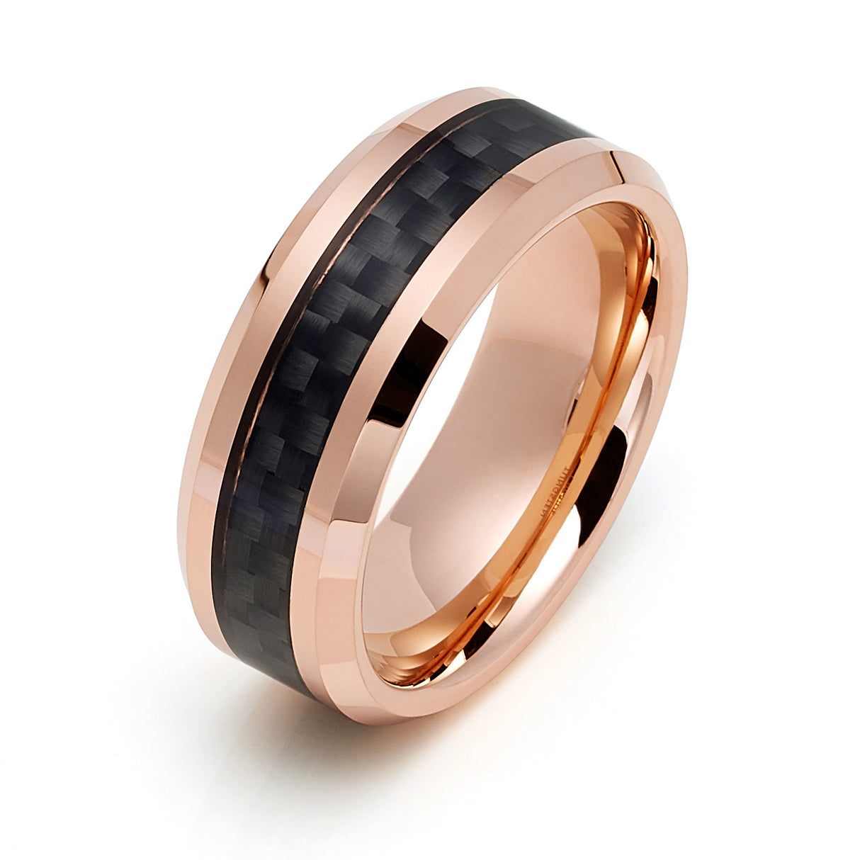 8MM Rose Gold TUNGSTEN Carbide RING WITH Black CARBON FIBER INLAY