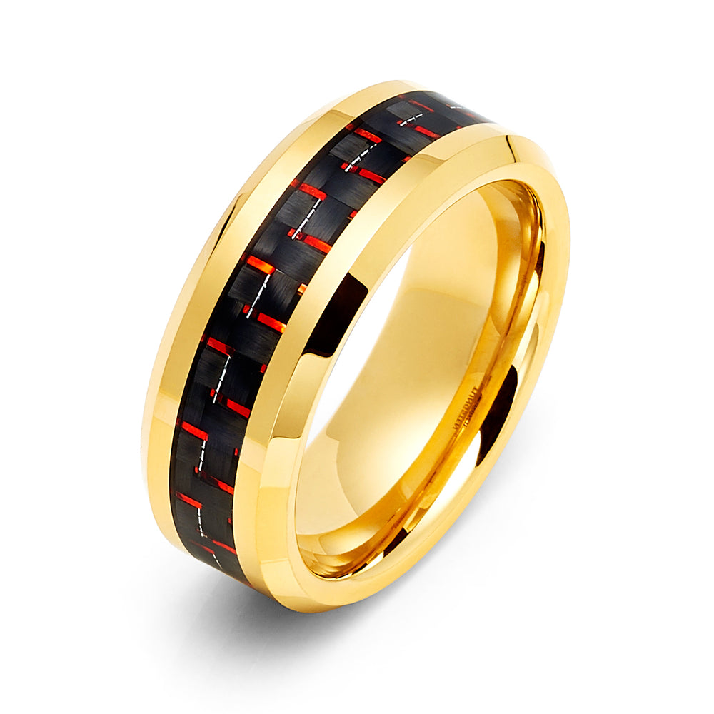 8MM Gold TUNGSTEN Carbide RING WITH Red CARBON FIBER INLAY