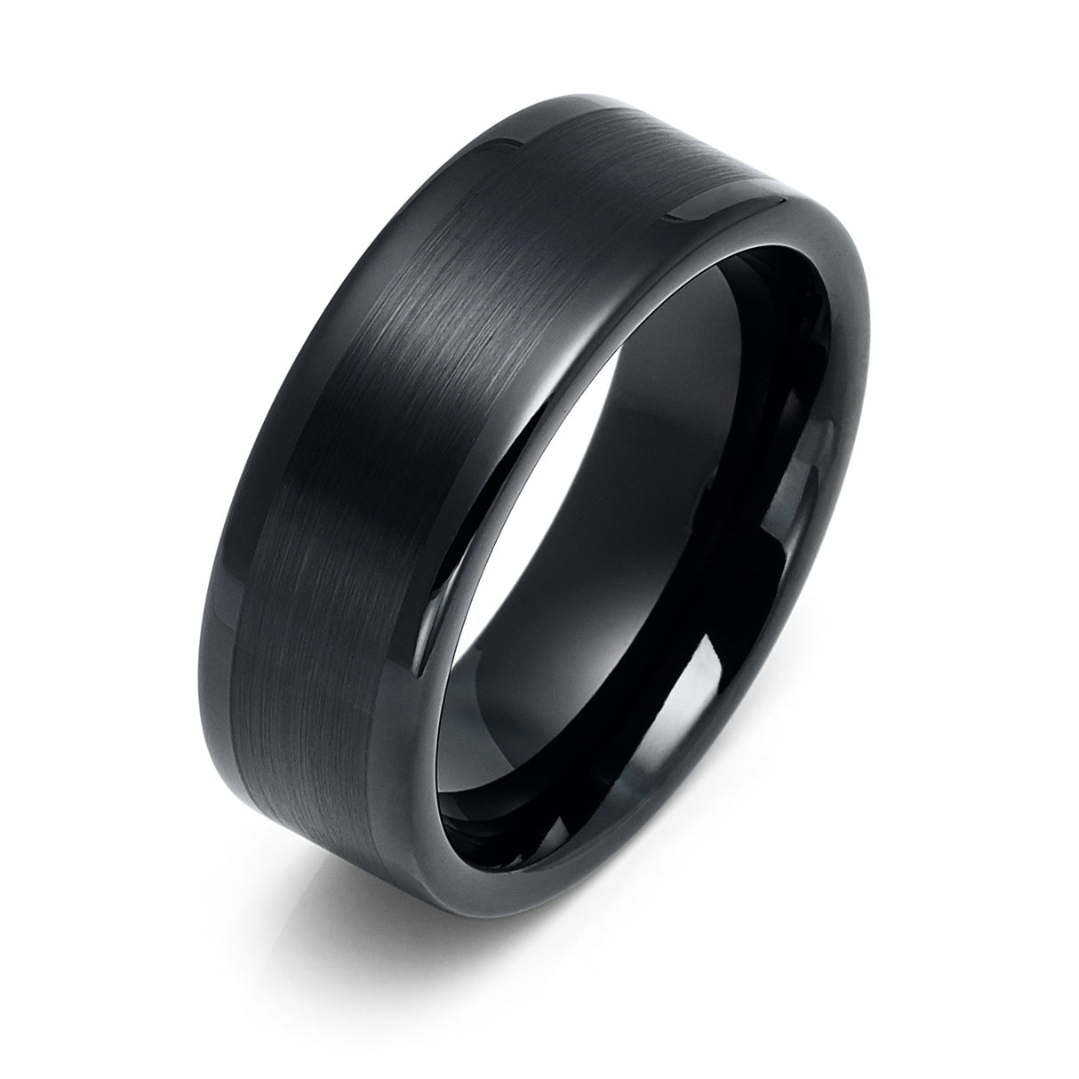 8mm - Black Tungsten Wedding Band, Pipe Cut Brushed Center Finish