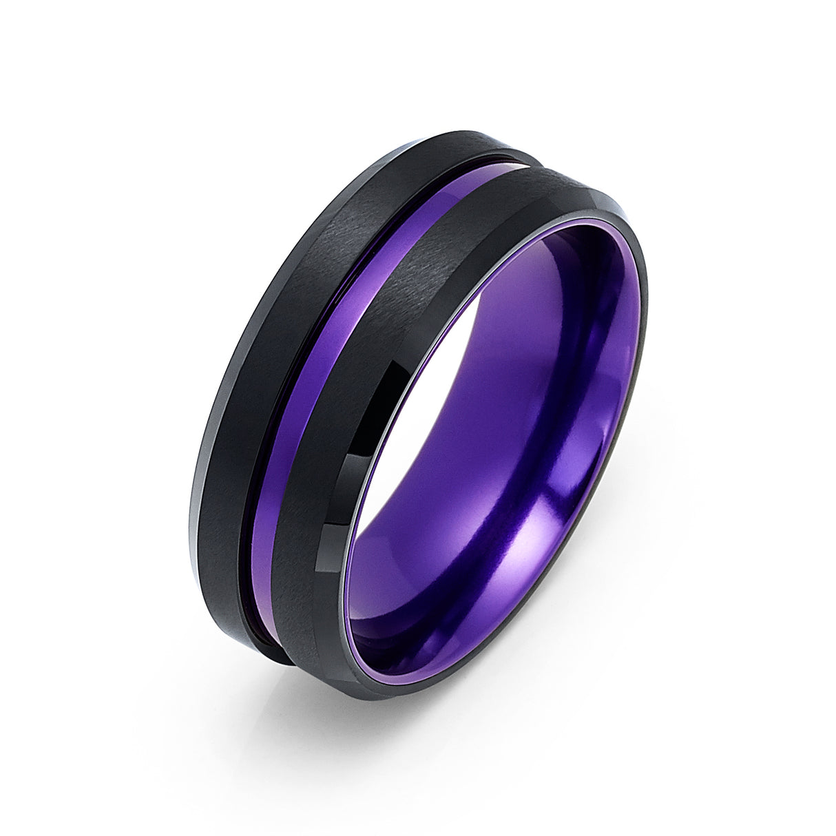 8mm - Black & Purple Tungsten Ring Matte Finish Beveled Edges Wedding Band Purple Inlay