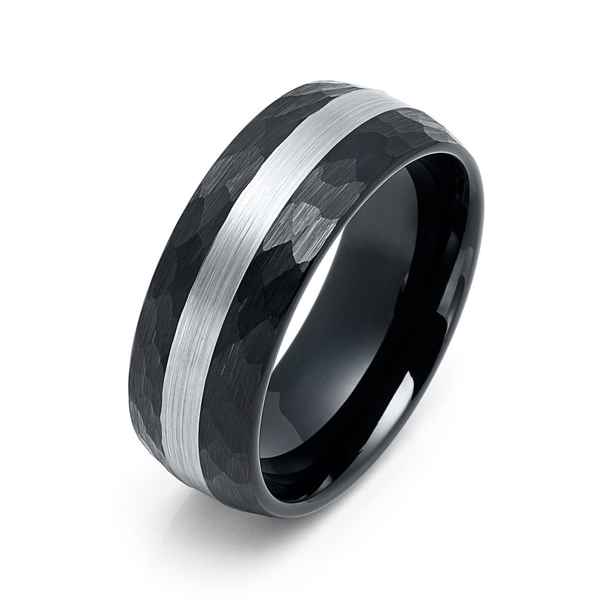 8mm Black Hammered Tungsten Carbide Wedding Band with Silver Brushed Center