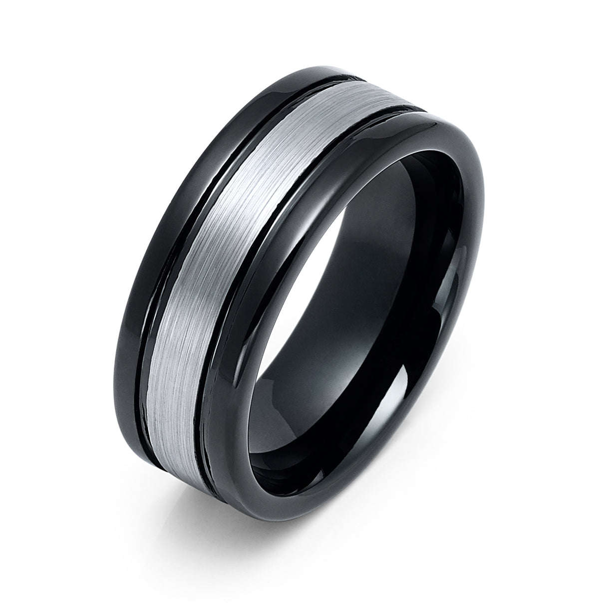 8mm Black Tungsten Carbide Wedding Band with Silver Brushed Center