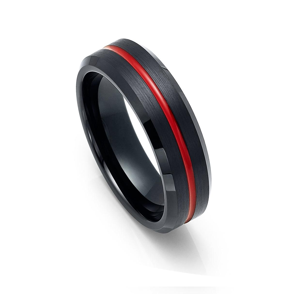 6mm - Black Tungsten Wedding Band, Red Grooved Center Ring