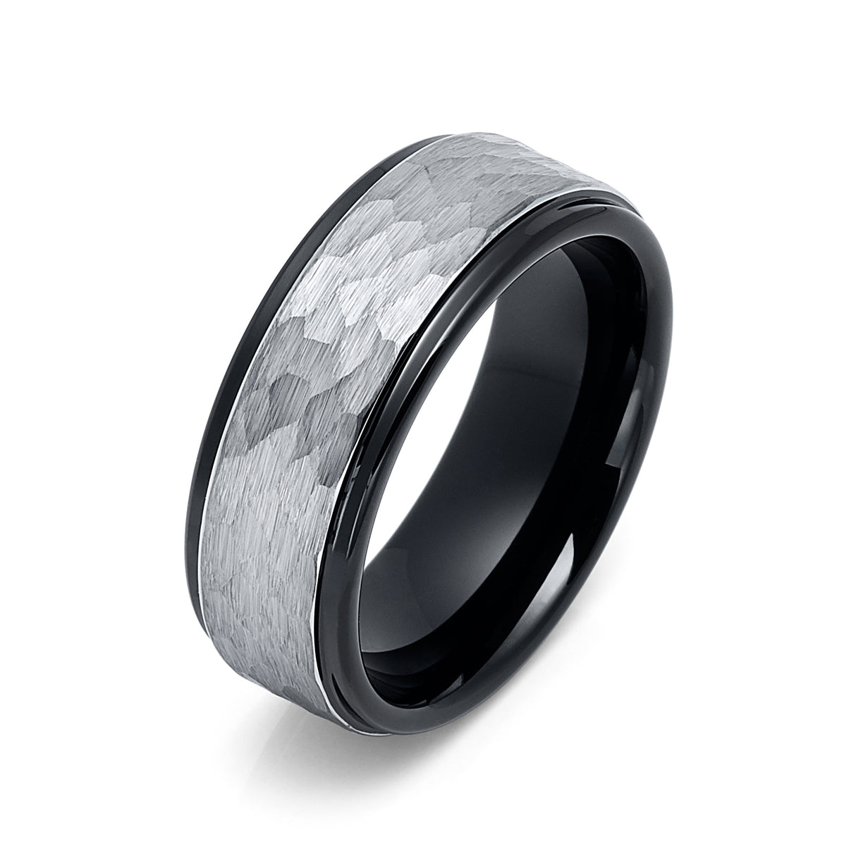 8MM BLACK TUNGSTEN WEDDING BAND, SILVER HAMMERED BRUSHED CENTER