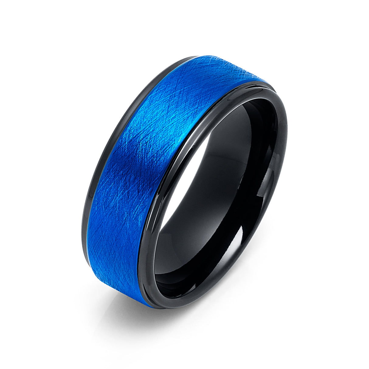 8mm - Black Tungsten Wedding Band Ice Finish W/ Blue Brushed Center