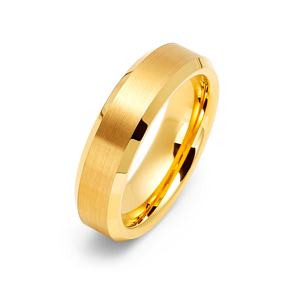 6mm - 14k Yellow Gold Tungsten Carbide Wedding Band Beveled Edges Brush Center