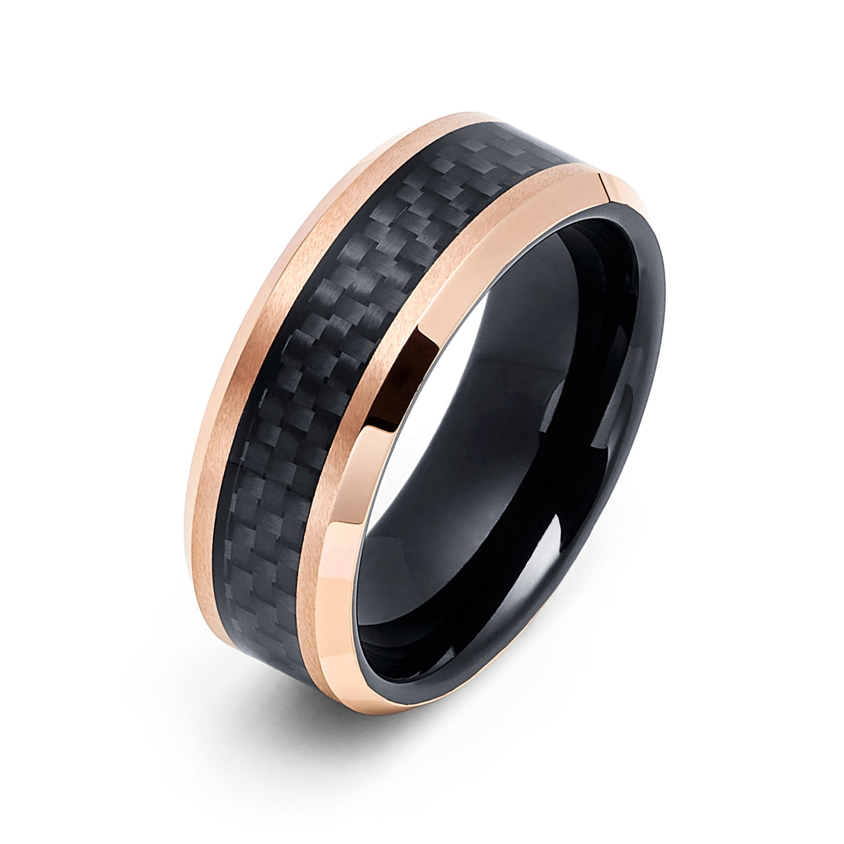 8mm- Rose Gold Tungsten Carbide Wedding Band, Carbon Fiber Ring, Mens Womens Ring