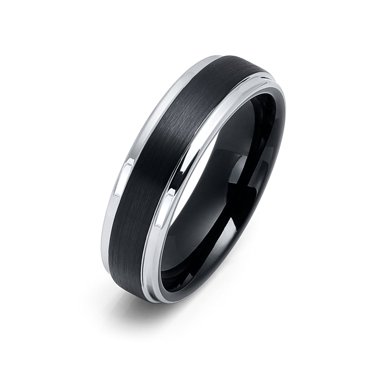 6mm Black Tungsten Wedding Band, Black Brushed Center w/ Silver Stepped Edges