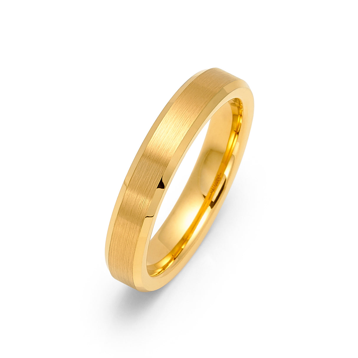 4mm - 14k Yellow Gold Tungsten Carbide Wedding Band Beveled Edges Brush Center