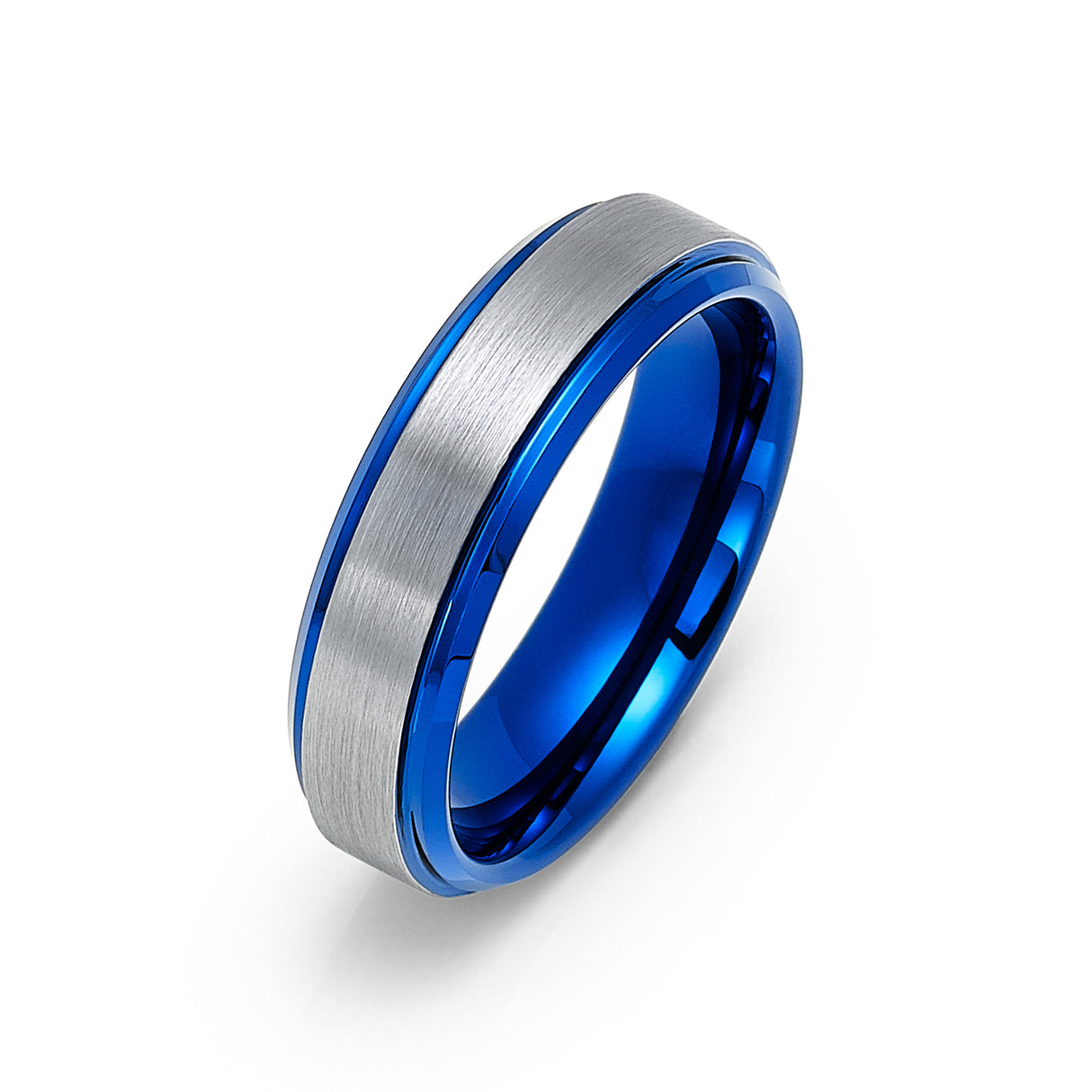6mm Blue Brushed Tungsten Carbide Wedding Band with Polished Edges