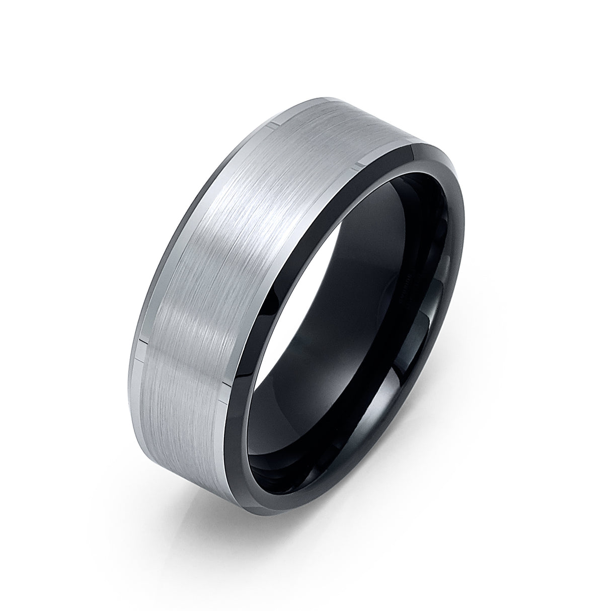 8mm - Black Tungsten Carbide Wedding Band with Black Beveled Edges Brush Center