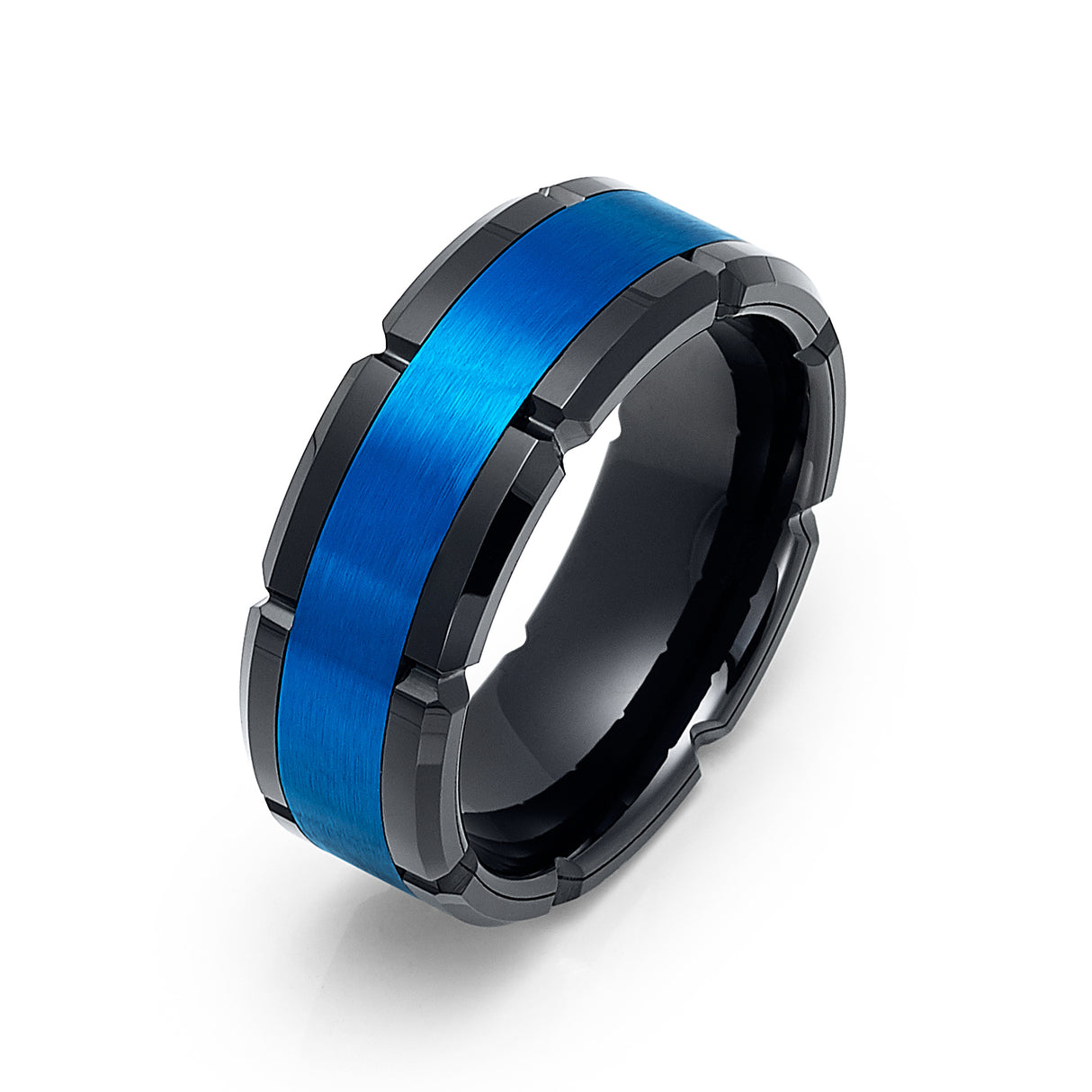 8mm Black & Blue Tungsten Carbide Notched Edges Wedding Ring, Engagement Band