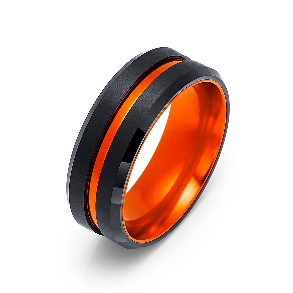 8mm - Black & Orange Brush Matte Finish Tungsten Carbide Ring Beveled Edge Orange Inlay Wedding Band