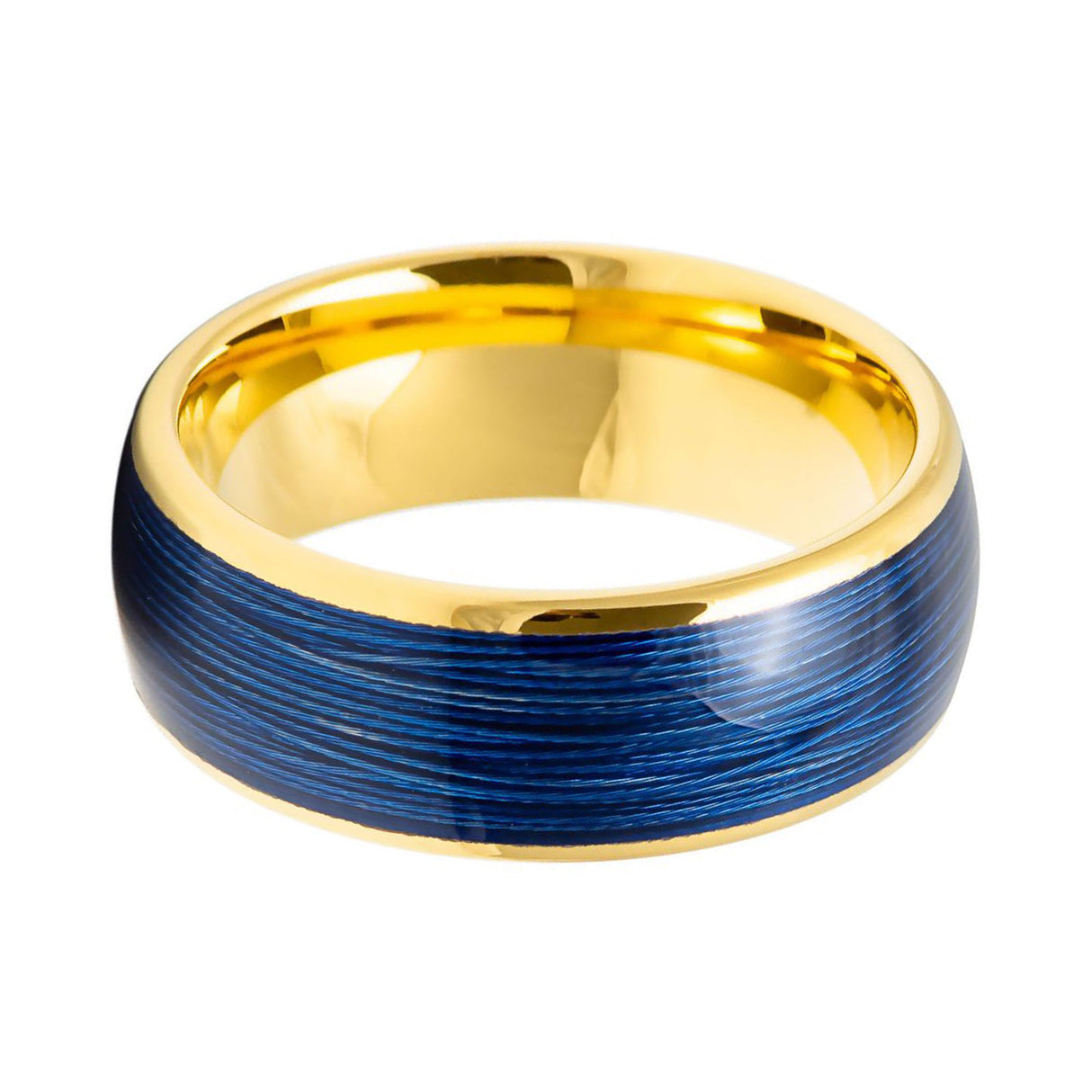 8mm - Dome Shape with Rolled Blue Wire Inlay Gold And Blue Tungsten Band
