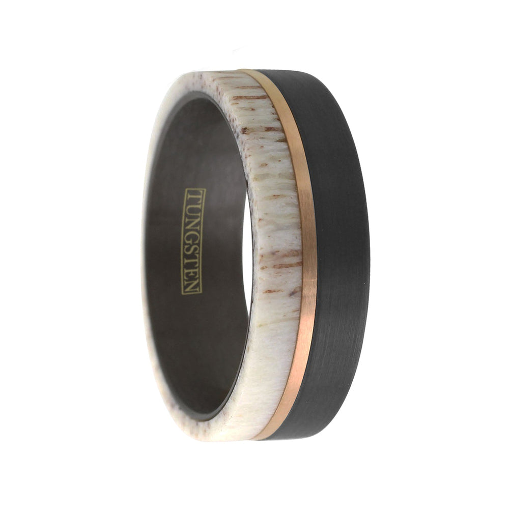 8mm- Brushed Finish Black Tungsten W/Raw Edge White Deer Antler Off-Center Rose Gold Stripe.