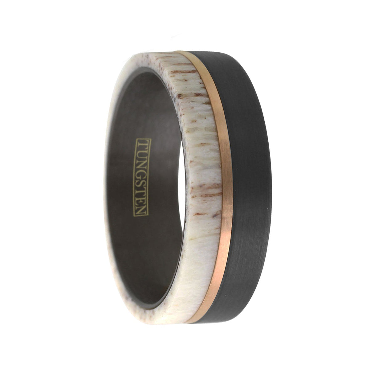 8mm- Brushed Finish Black Tungsten W/Raw Edge White Deer Antler Off-Center Rose Gold Stripe.