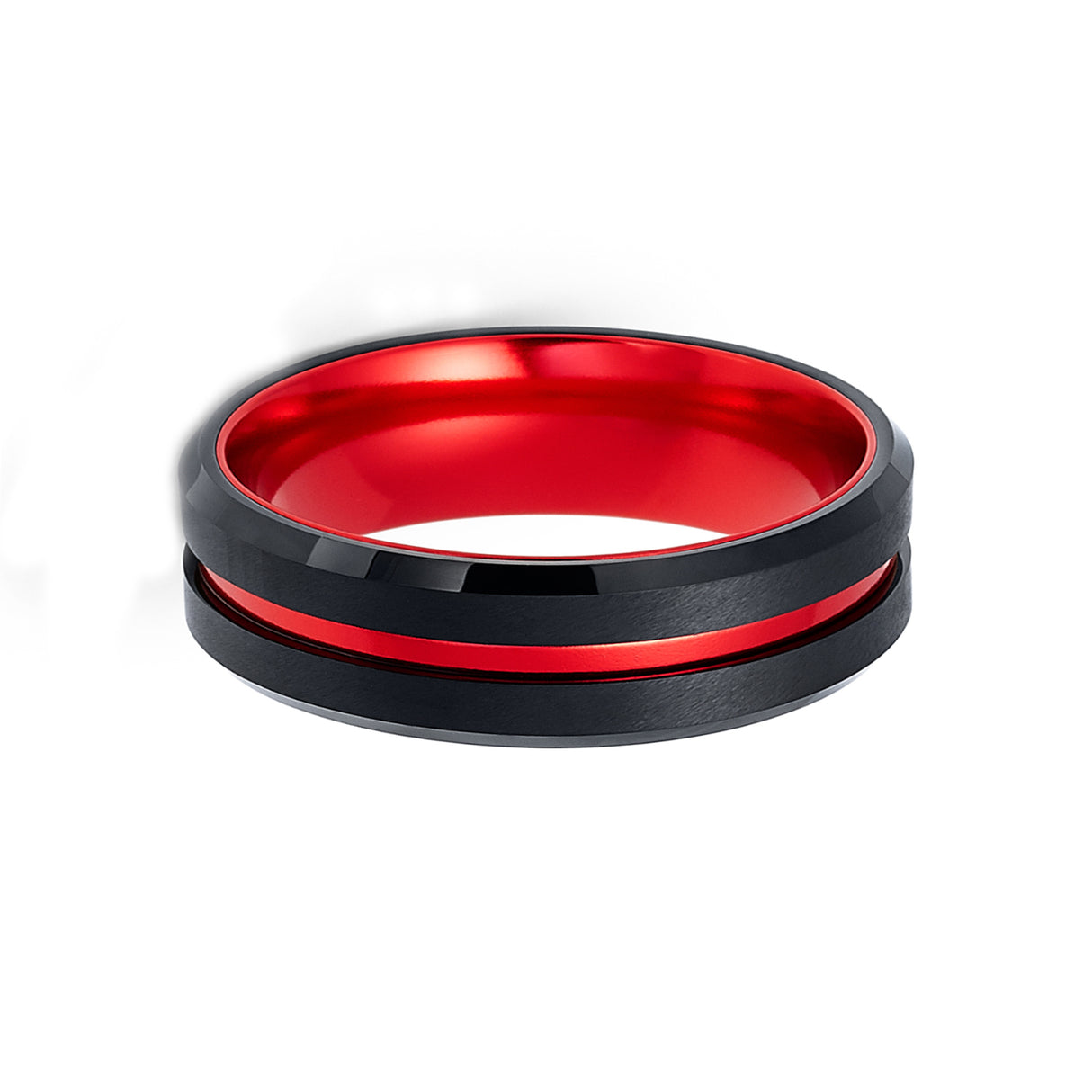 6mm - Black & Red Brush Matte Finish Tungsten Carbide Ring Beveled Edge Red Inlay Wedding Band