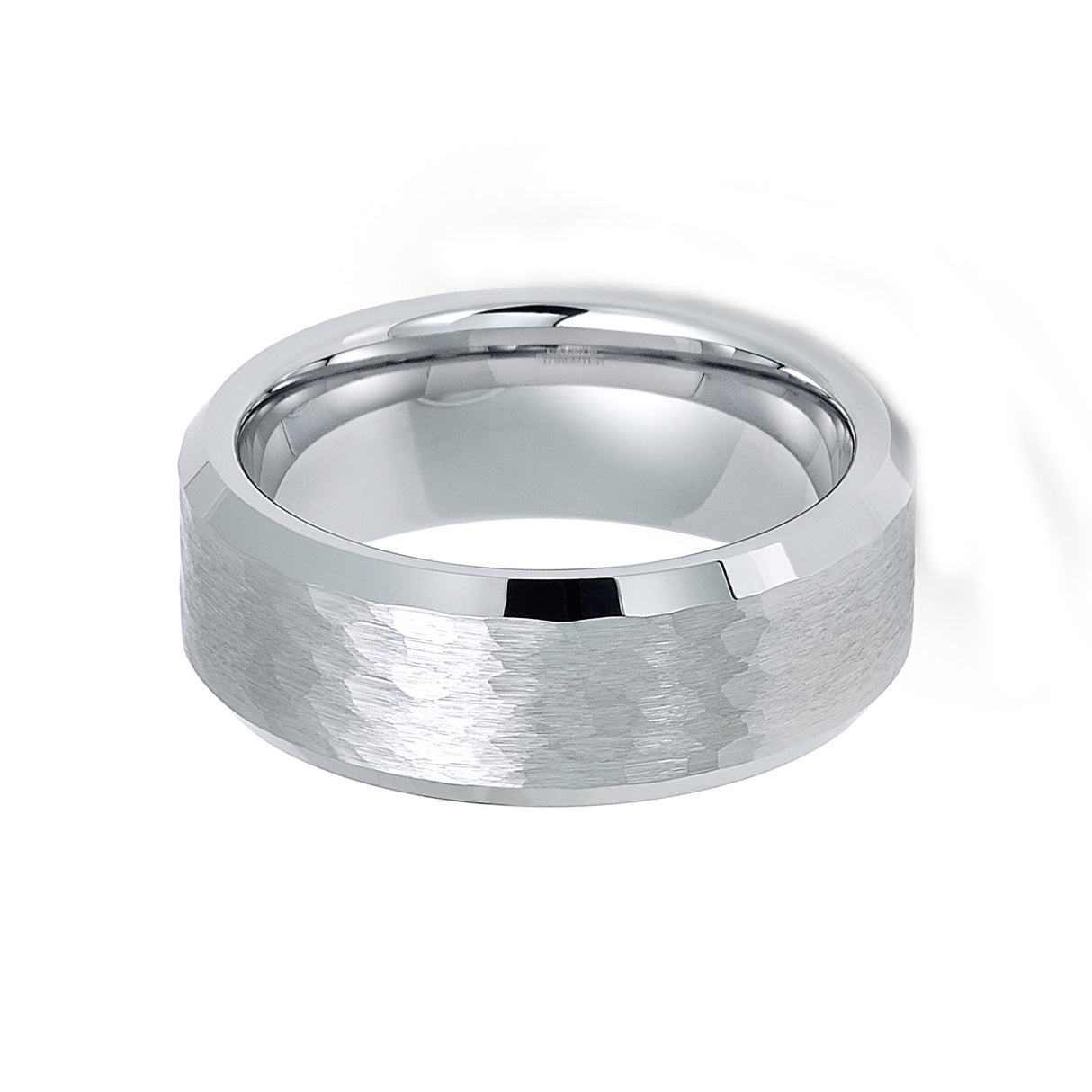 8mm Silver Tungsten Carbide Hammered Wedding Ring Beveled Edges