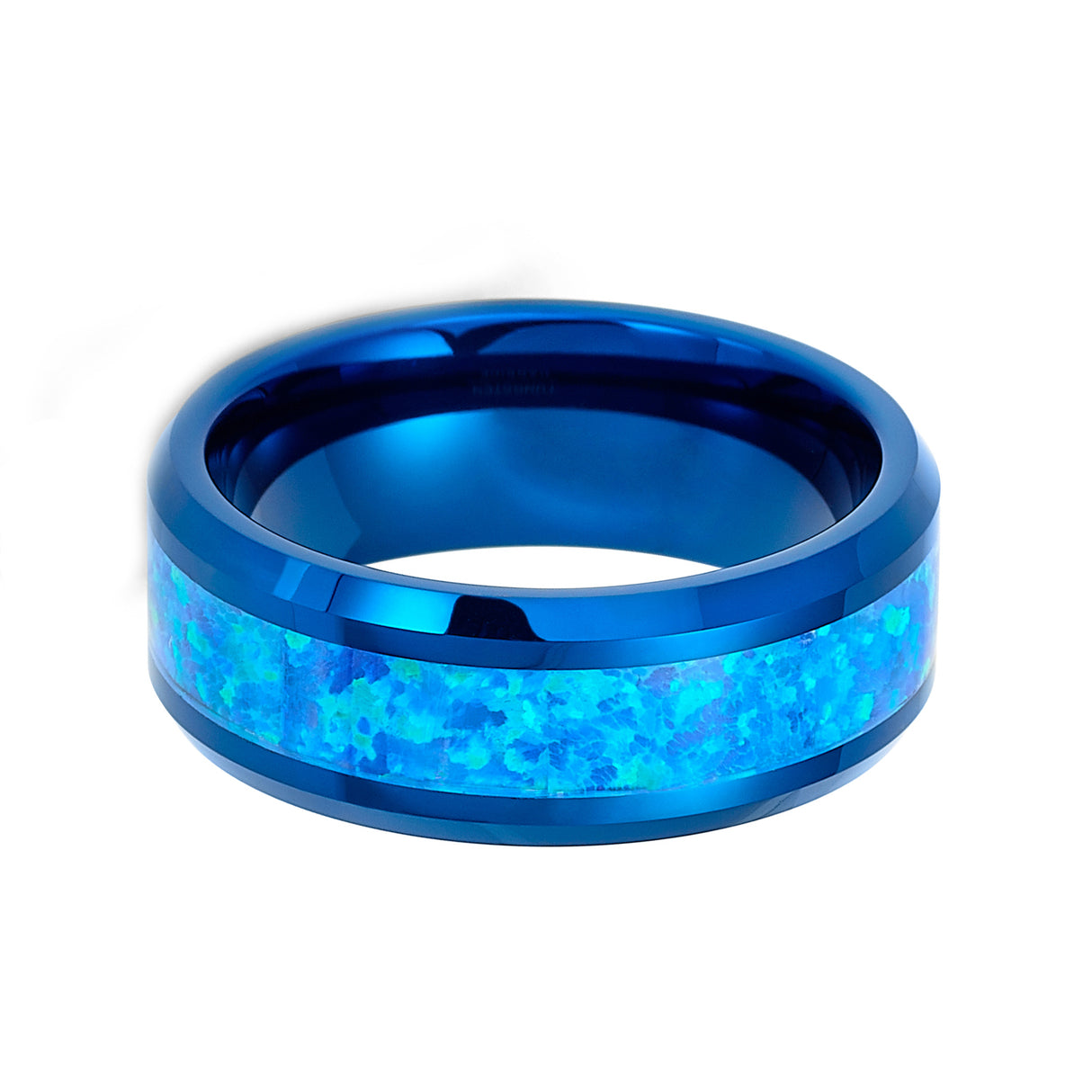 Blue Tungsten Wedding Band with Blue Green opal inlay -8mm Opal ring