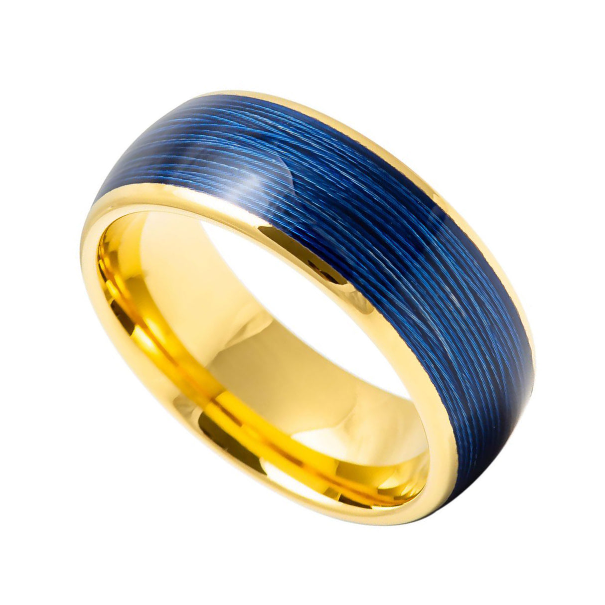 8mm - Dome Shape with Rolled Blue Wire Inlay Gold And Blue Tungsten Band