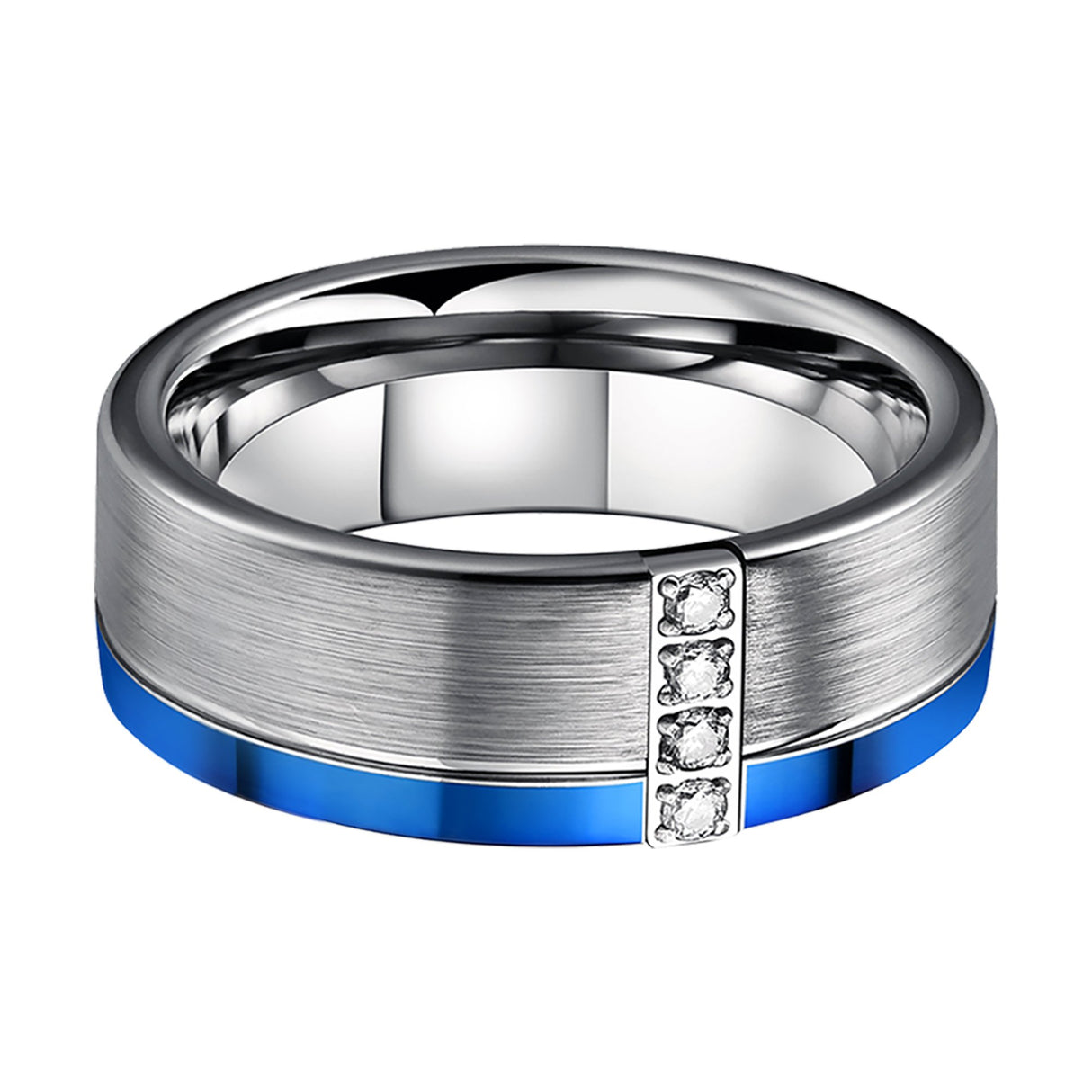 8mm - Silver Tungsten Wedding Ring with Blue Edge with 4 Cubic Zircon Diamonds