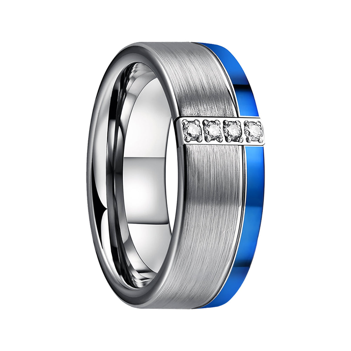 8mm - Silver Tungsten Wedding Ring with Blue Edge with 4 Cubic Zircon Diamonds