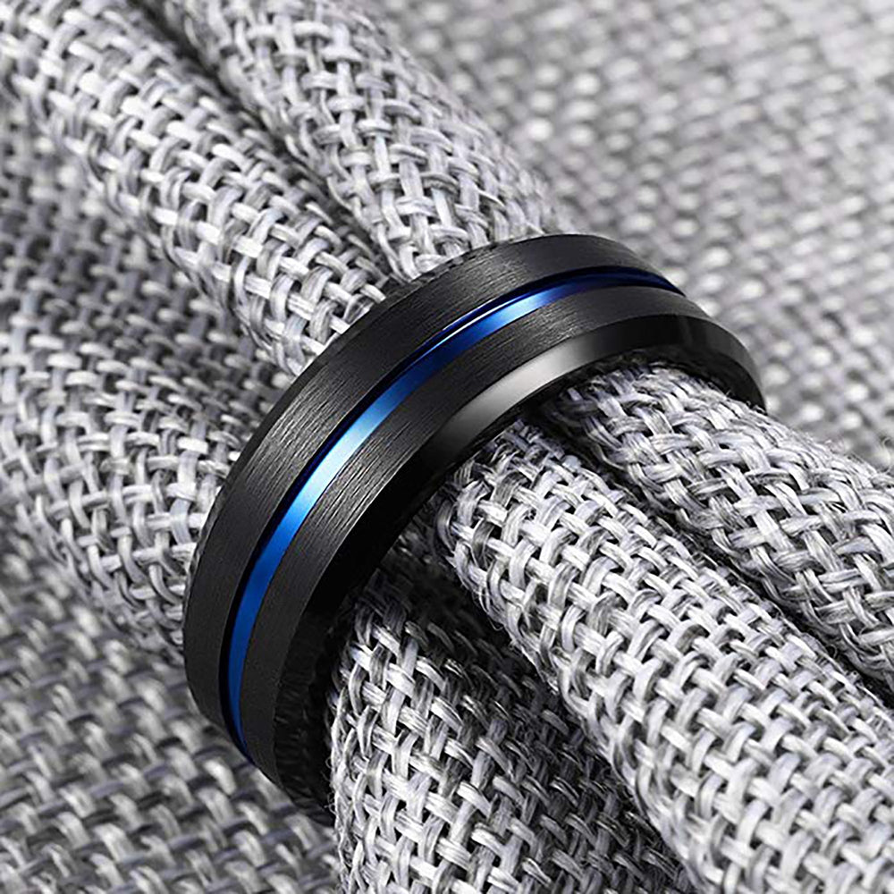 8mm - Black & Blue Tungsten Carbide Ring  Grooved Beveled Edges Wedding Band
