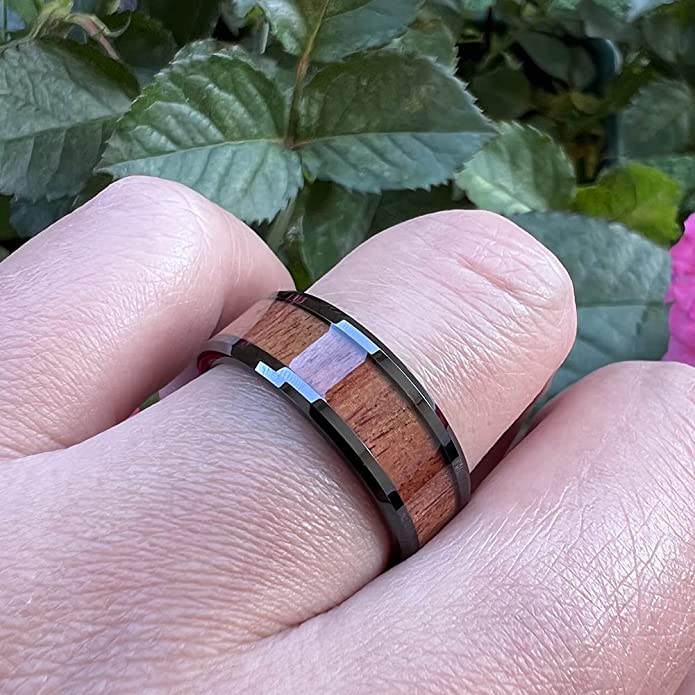 8mm Black Tungsten Carbide Wedding Band with Koa Wood Inlay