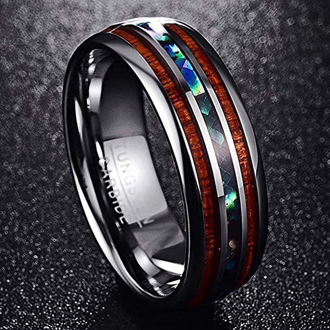 8mm - Hawaiian Koa Wood Tungsten Rings Dome Abalone Shell/Blue Center Wedding Band