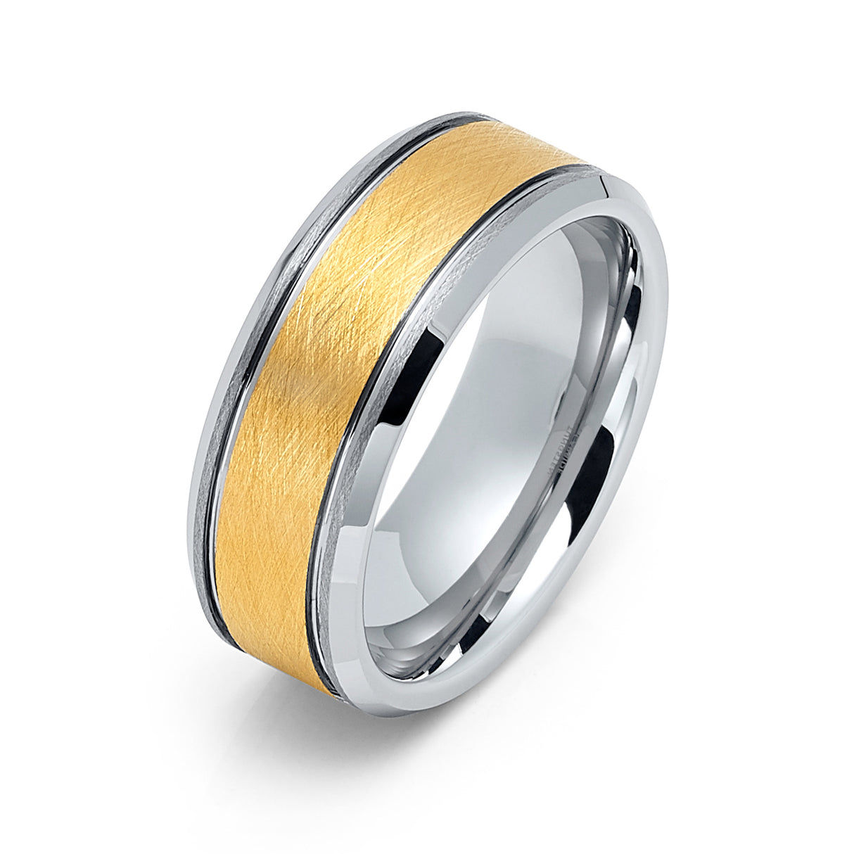 8mm - Mens Tungsten Ring Two-Toned Silver With Gold Brushed Center