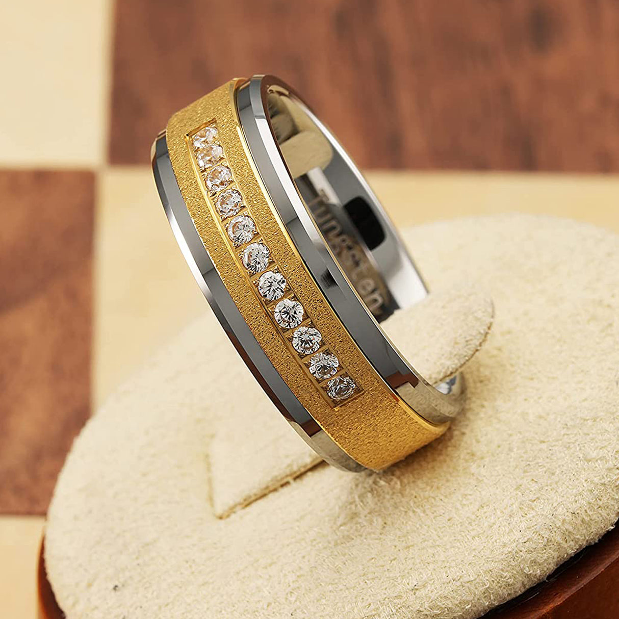 8mm Silver Tungsten Wedding Band, Gold Sandblast CZ Diamond Ring