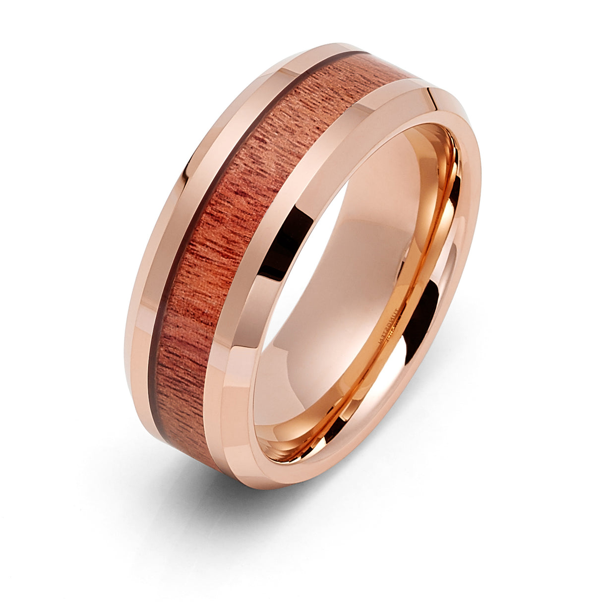 8mm - Rose Gold Tungsten Wedding Band, with Koa Wood inlay, Polished Finish,