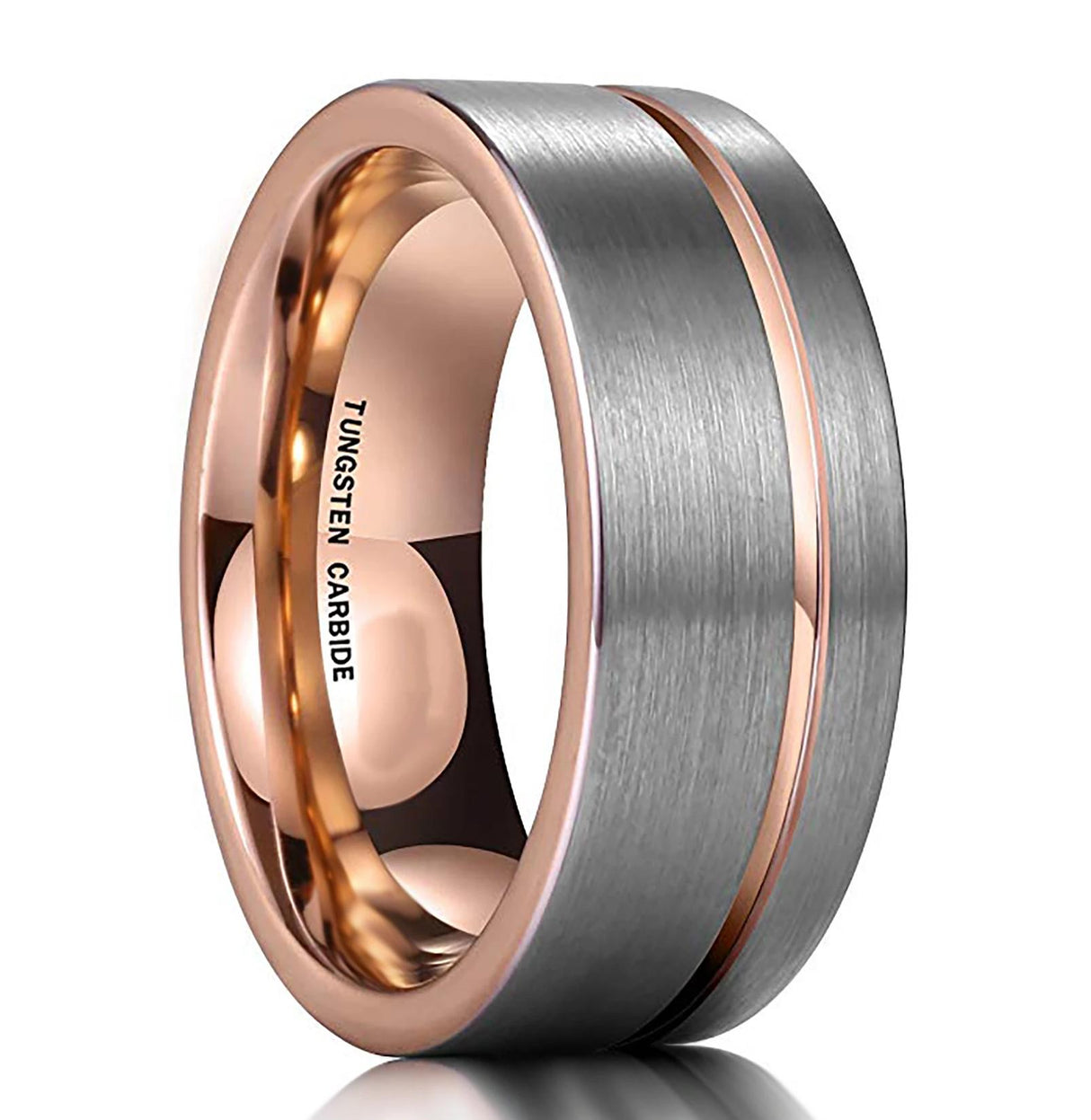 Rose Gold Tungsten Band, Brush Center, Off Center Rose Gold Groove Ring - 8mm