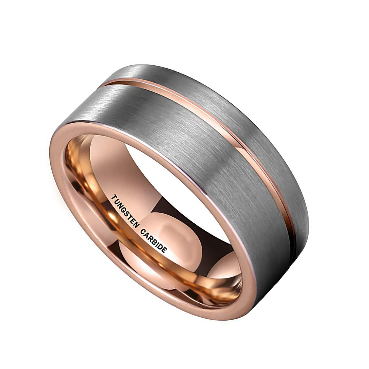 Rose Gold Tungsten Band, Brush Center, Off Center Rose Gold Groove Ring - 8mm