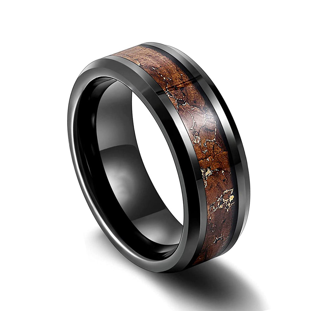 8mm Black Tungsten Carbide Wedding Band W/ Koa Wood & Gold Flakes