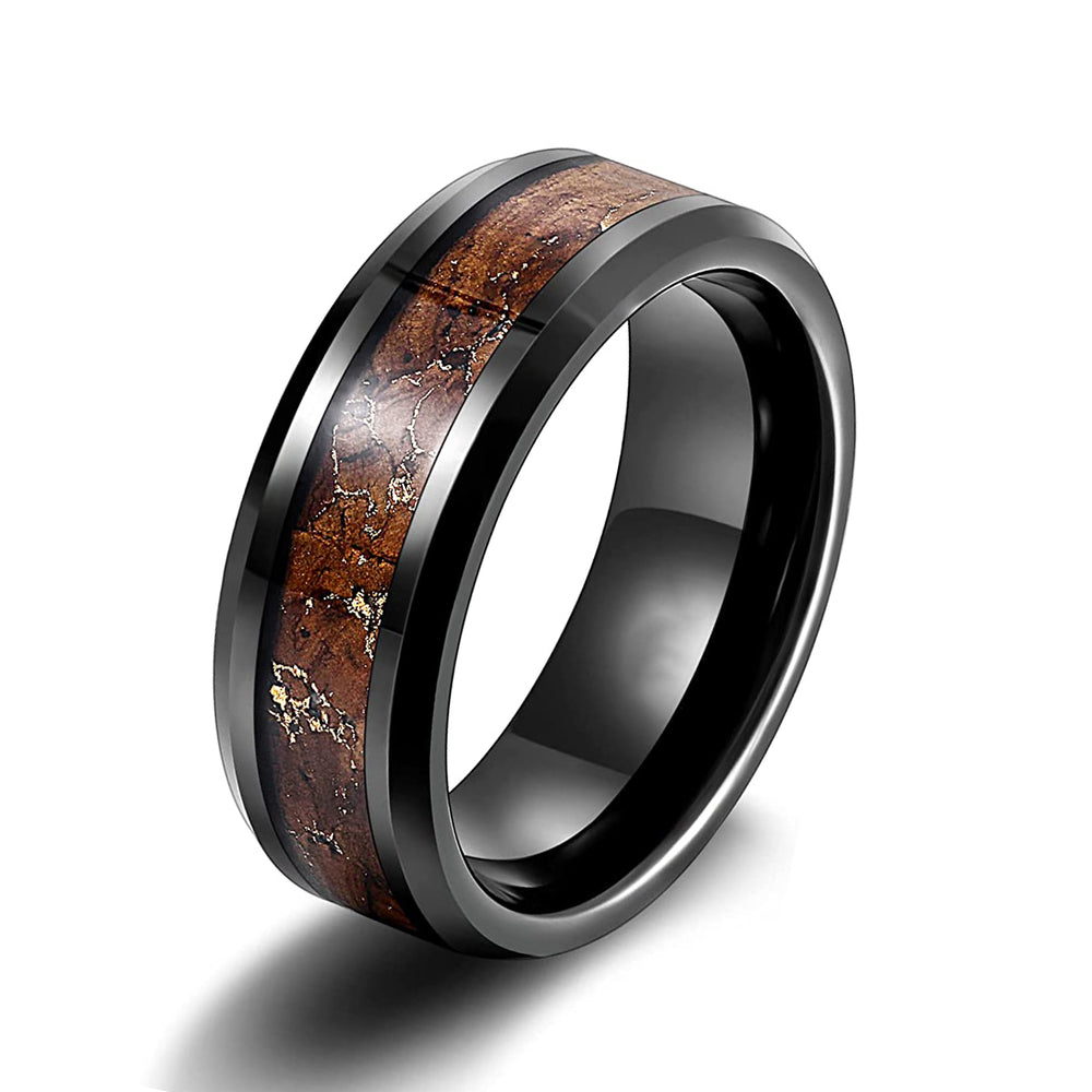 8mm Black Tungsten Carbide Wedding Band W/ Koa Wood & Gold Flakes