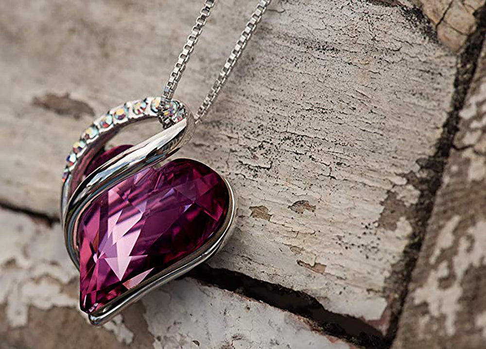 Infinity Love Heart Pendant Necklace Amethyst Dark Pink February Birthstone Made with Swarovski Crystals Birthstone Jewelry