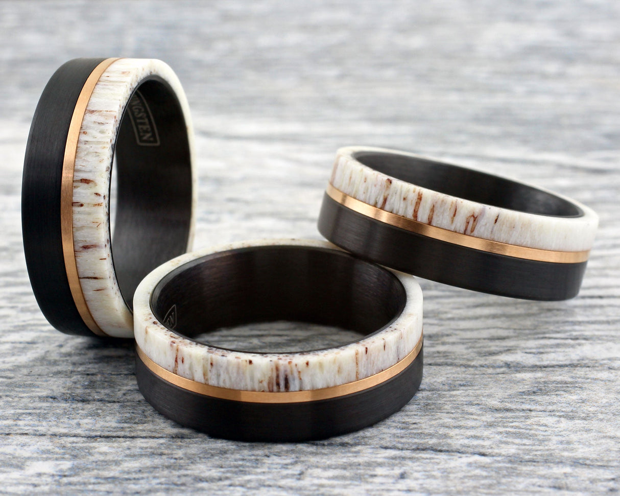 8mm- Brushed Finish Black Tungsten W/Raw Edge White Deer Antler Off-Center Rose Gold Stripe.