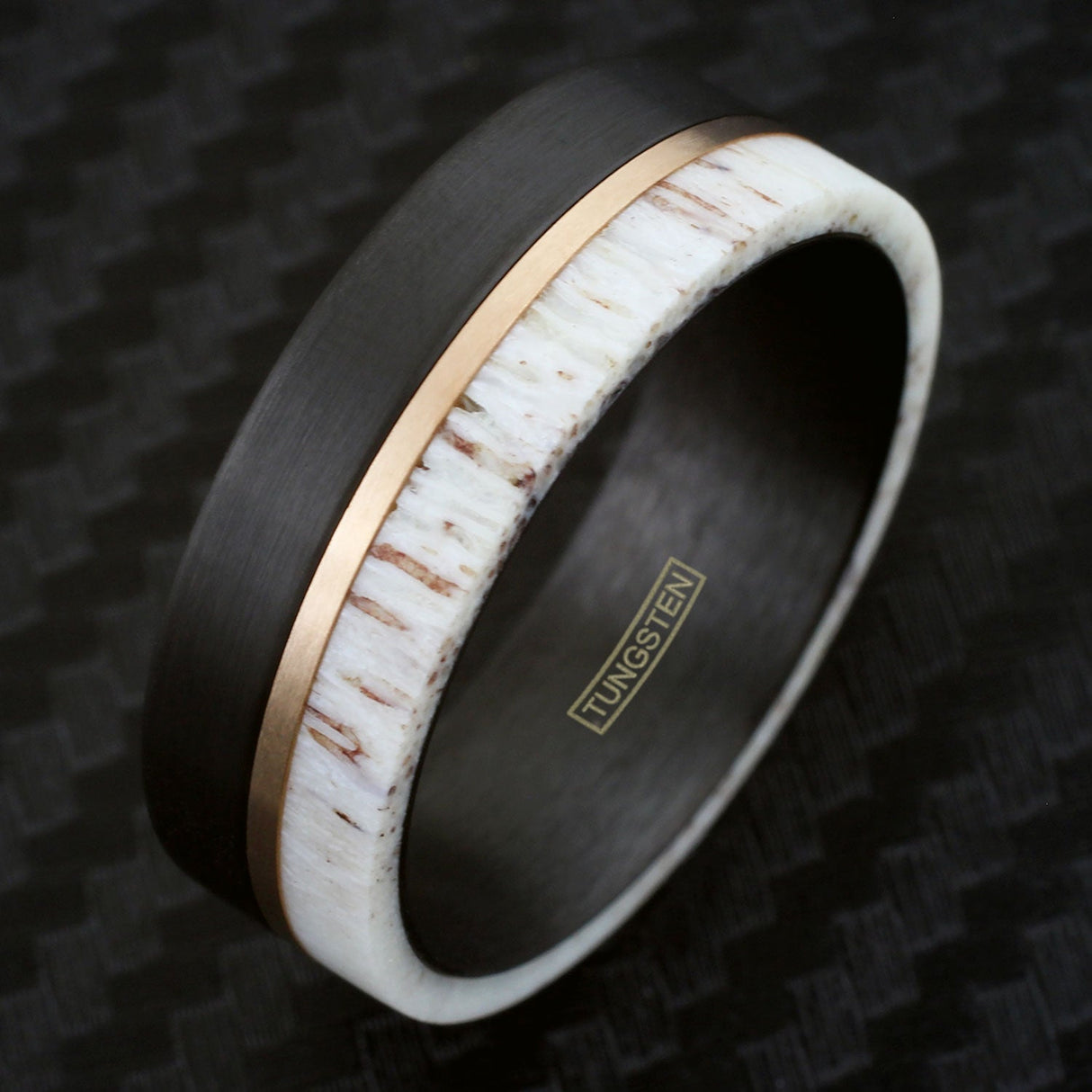 8mm- Brushed Finish Black Tungsten W/Raw Edge White Deer Antler Off-Center Rose Gold Stripe.