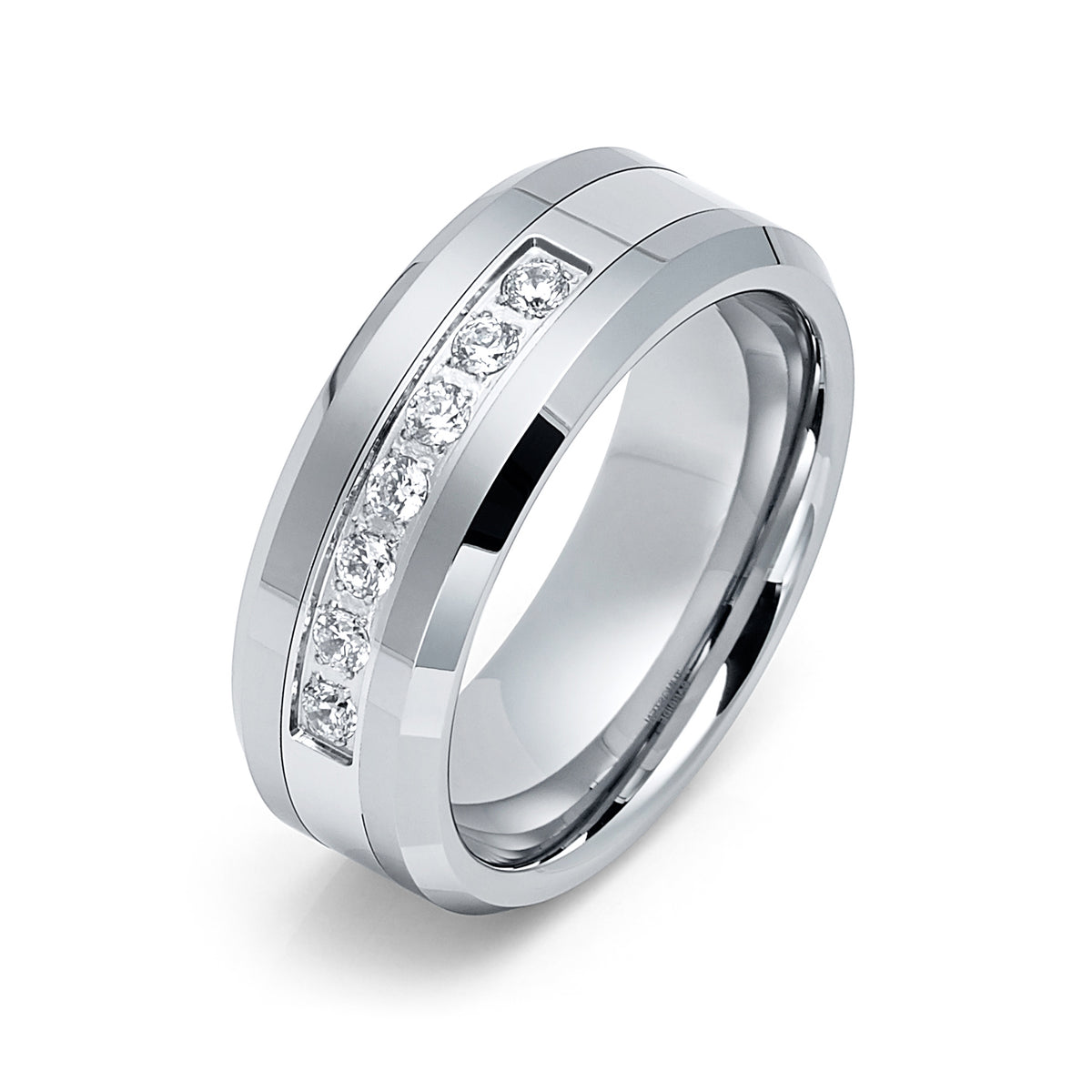 8mm - Silver Tungsten Wedding Band W/ 7 CZ Diamond Inlay High