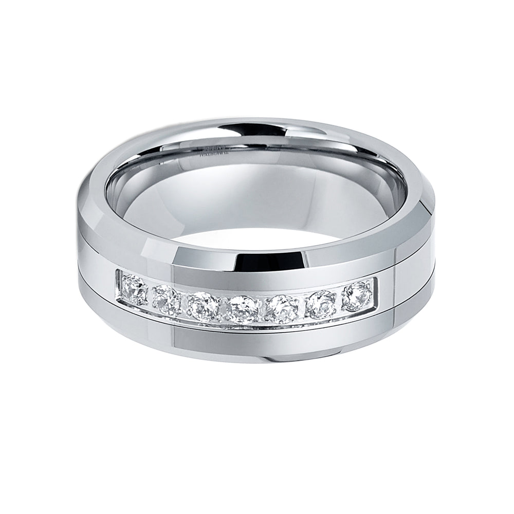 8mm - Silver Tungsten Wedding Band W/ 7 CZ Diamond Inlay High Polish