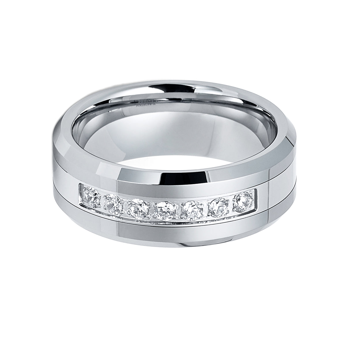8mm - Silver Tungsten Wedding Band W/ 7 CZ Diamond Inlay High Polish