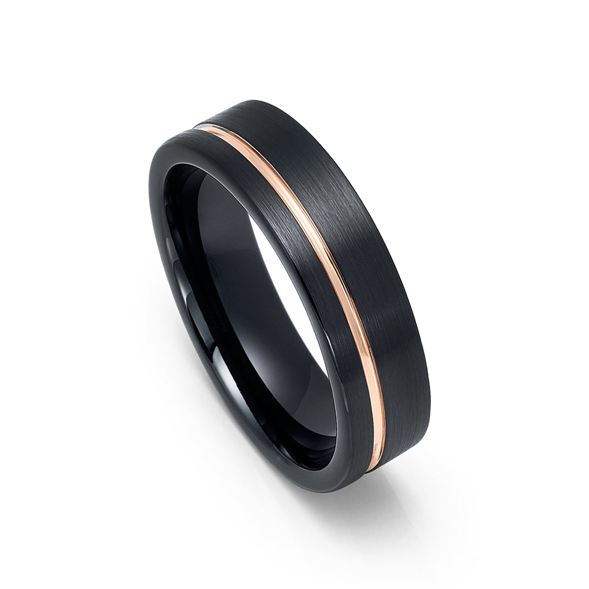 6mm Black Tungsten Wedding Band with Rose Gold Off Center Groove