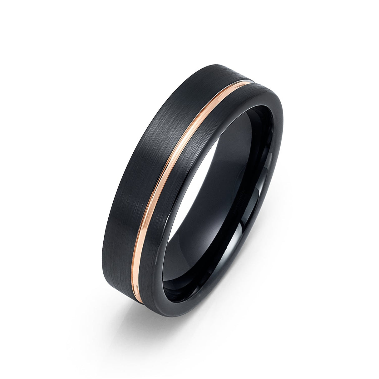 6mm Black Tungsten Wedding Band with Rose Gold Off Center Groove