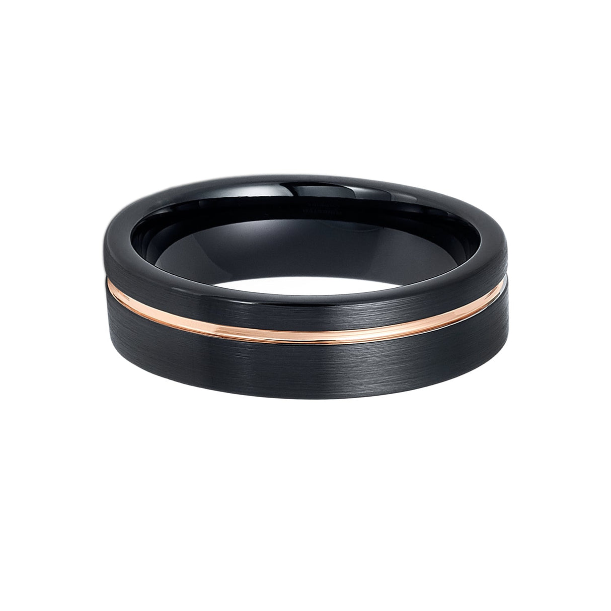 6mm Black Tungsten Wedding Band with Rose Gold Off Center Groove