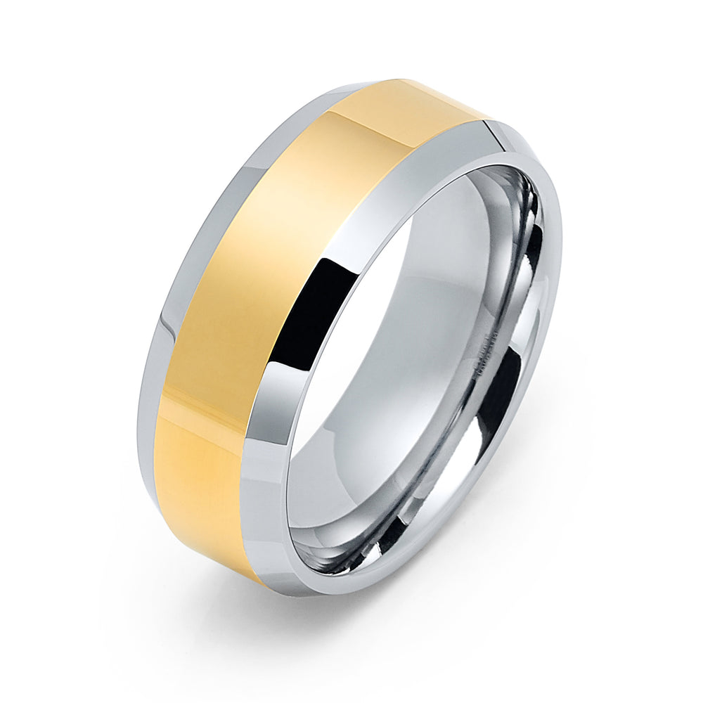 8mm - Tungsten Carbide Wedding Band Yellow Gold Center Ring