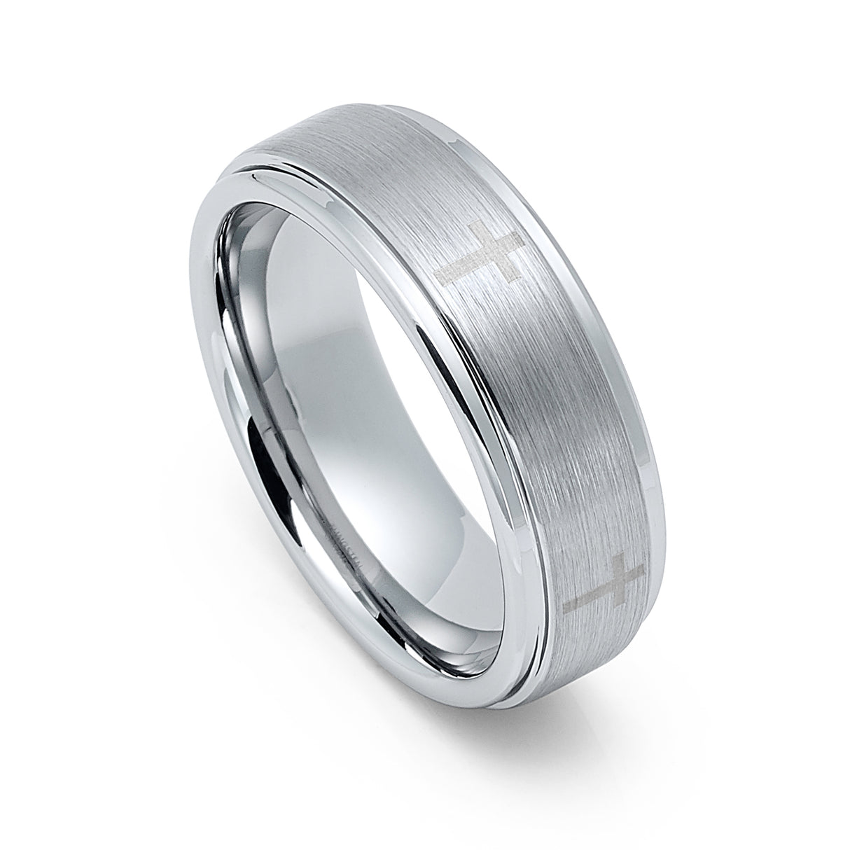 7mm - Mens Tungsten Wedding Band,Silver Brush Tungsten Ring, Christian Cross Ring